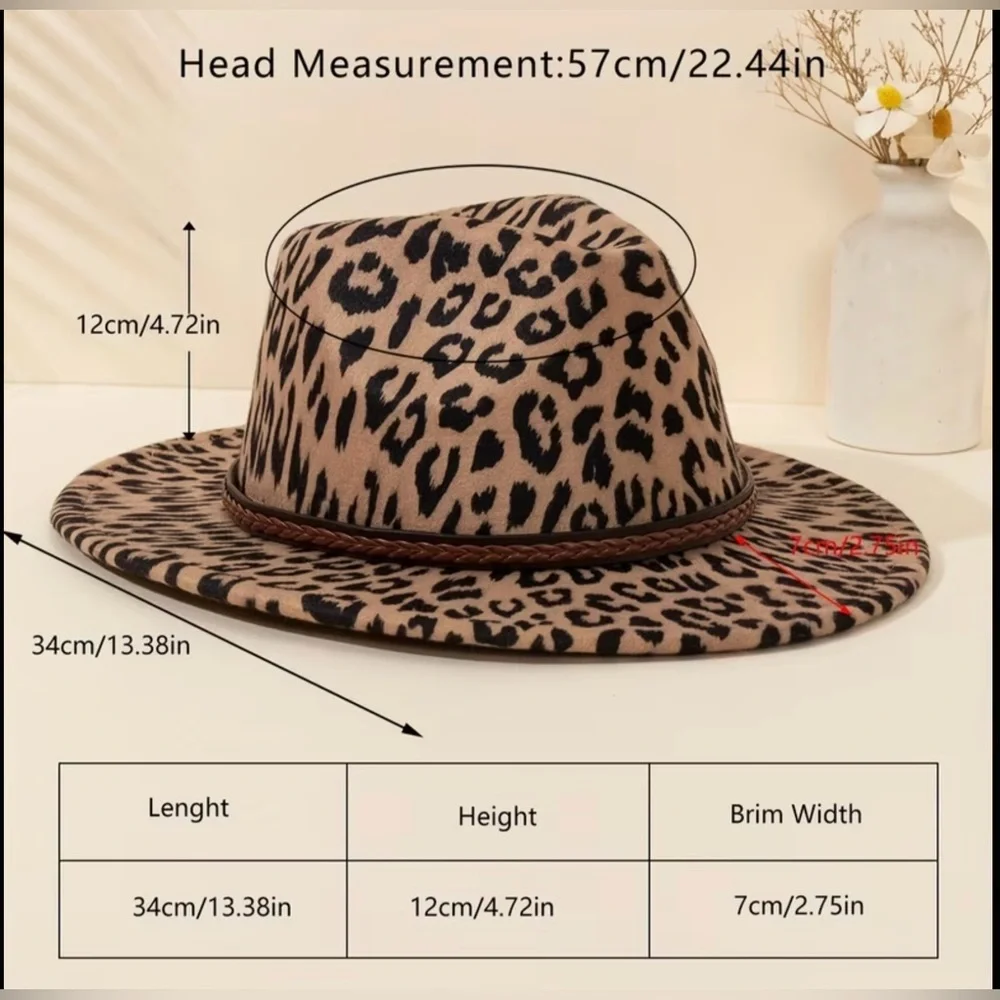 Leopard Print Wide-Brim Fedora Hat - Brown - Picture 4 of 6
